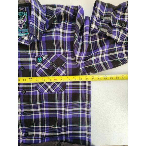 Born Scum Bottom Feeder Shirt Mens Medium Purple Black Plaid Flannel Button Down - Picture 12 of 16